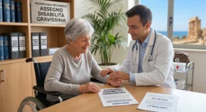 n medico in camice con stetoscopio visita una signora in sedia a rotelle all'interno di uno studio, con documenti relativi all'assegno disabilità gravissima in primo piano.