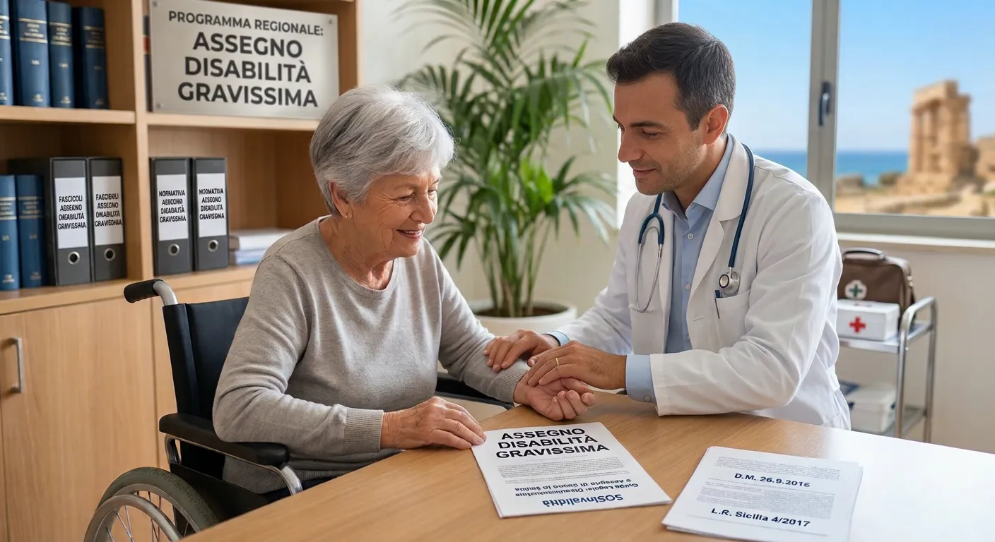 n medico in camice con stetoscopio visita una signora in sedia a rotelle all'interno di uno studio, con documenti relativi all'assegno disabilità gravissima in primo piano.