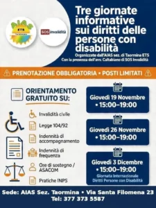 Locandina dell'evento AIAS Taormina: Tre giornate informative sui diritti delle persone con disabilità con l'Avv. Francesca Caltabiano di SOS Invalidità.