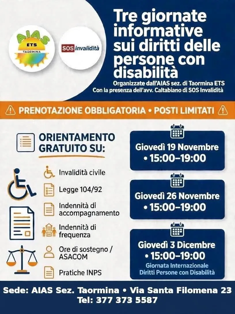 Locandina dell'evento AIAS Taormina: Tre giornate informative sui diritti delle persone con disabilità con l'Avv. Francesca Caltabiano di SOS Invalidità.